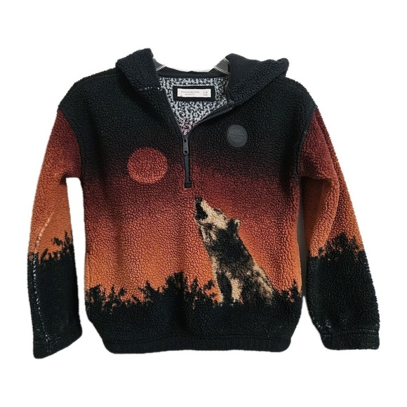 Abercrombie Kids Hoodie 7/8 Black Sunset Howling Wolf Sherpa Quarter Zip Fleece - Picture 2 of 9
